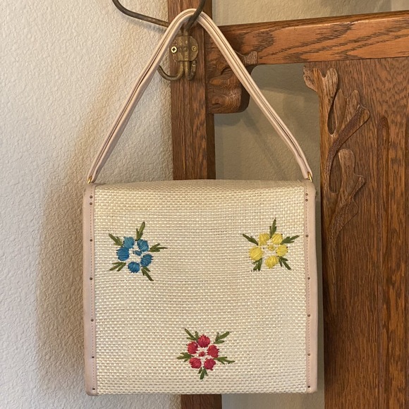 Vintage 1960s Floral Rafia Purse Beautiful Wood Sided Bag Please Read - Picture 3 of 16